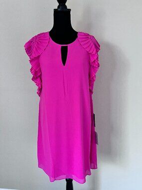 Vince Camuto Pleated Cap Sleeve Chiffon Shift Dress - Size 14 - Hot Pink